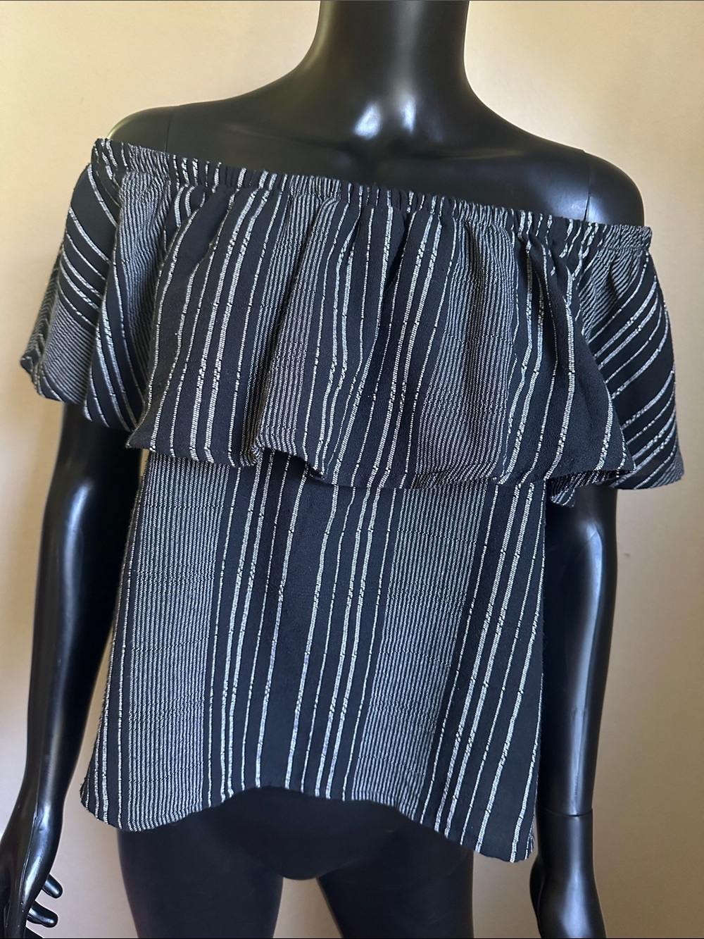 Lira Black & White Striped Off Shoulder Ruffle Flowy Blouse